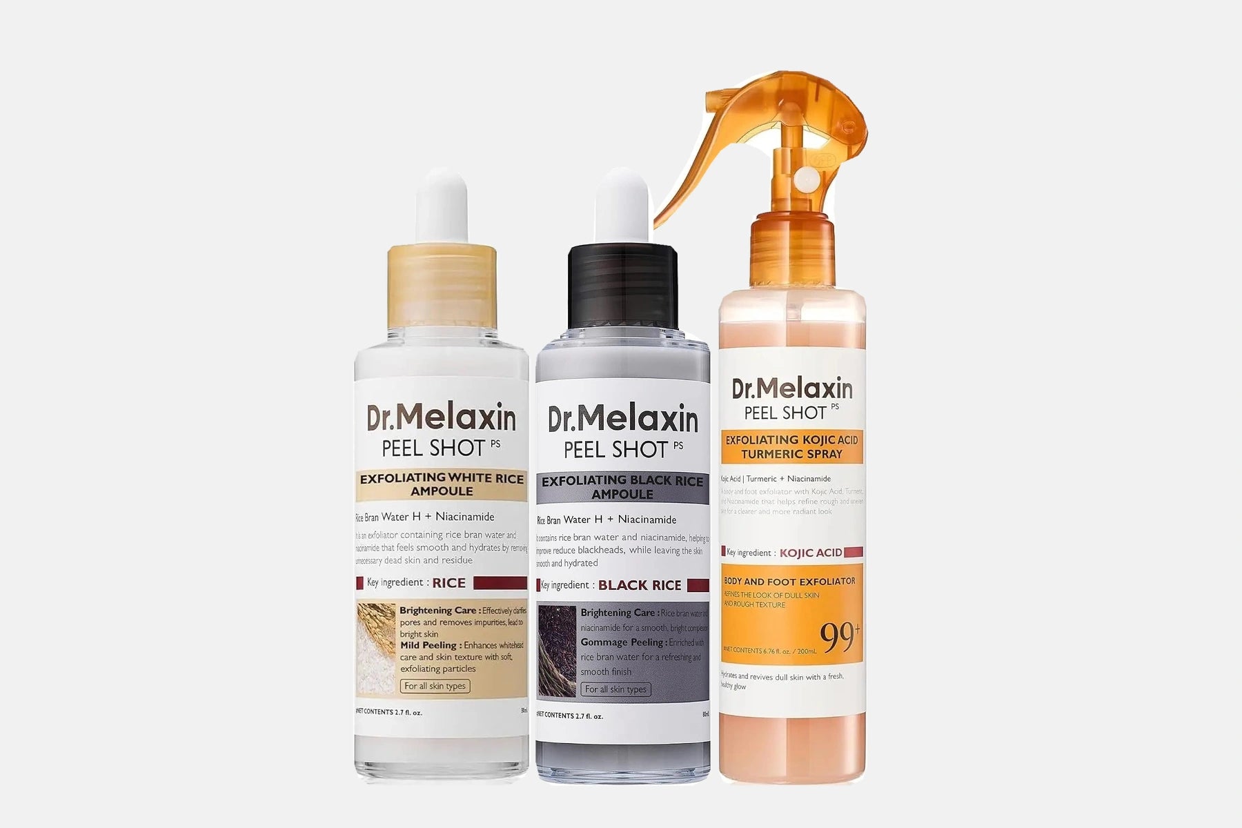 Dr.Melaxin Peel Shot White Rice and Black Rice Ampoules with Kojic Acid Turmeric Spray